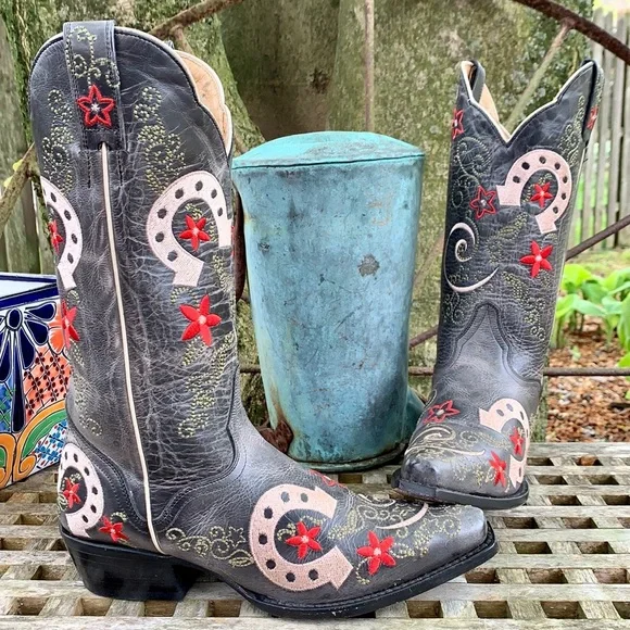 JB Dillon J.B. Dillon Near-NEW Lucky Horseshoe Cowgirl Cowboy Western Boots 7.5 - Picture 4 of 9